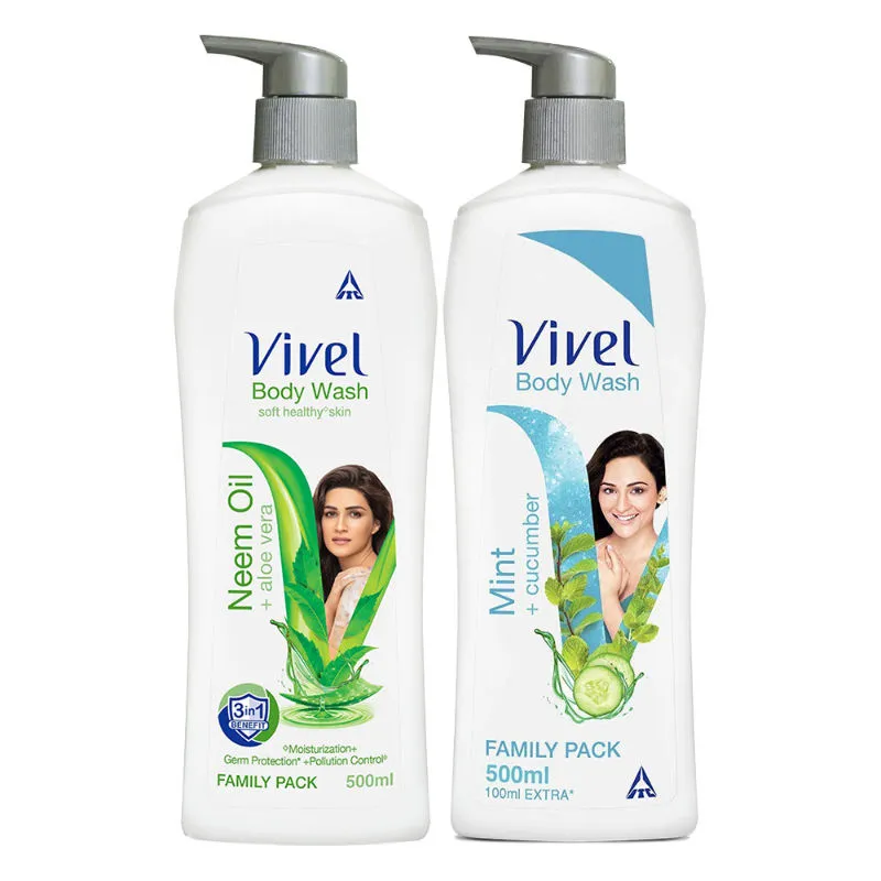 Vivel Body Wash, Mint & Cucumber And Neem Oil & Aloe Vera, Shower Creme Combo Pack