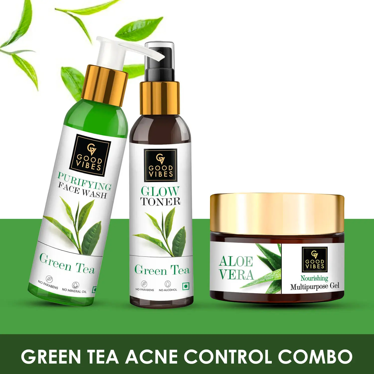 Good Vibes Acne Control Combo Green tea Facewash 120ml+ Toner 120ml+ Aloe Vera Gel 50g