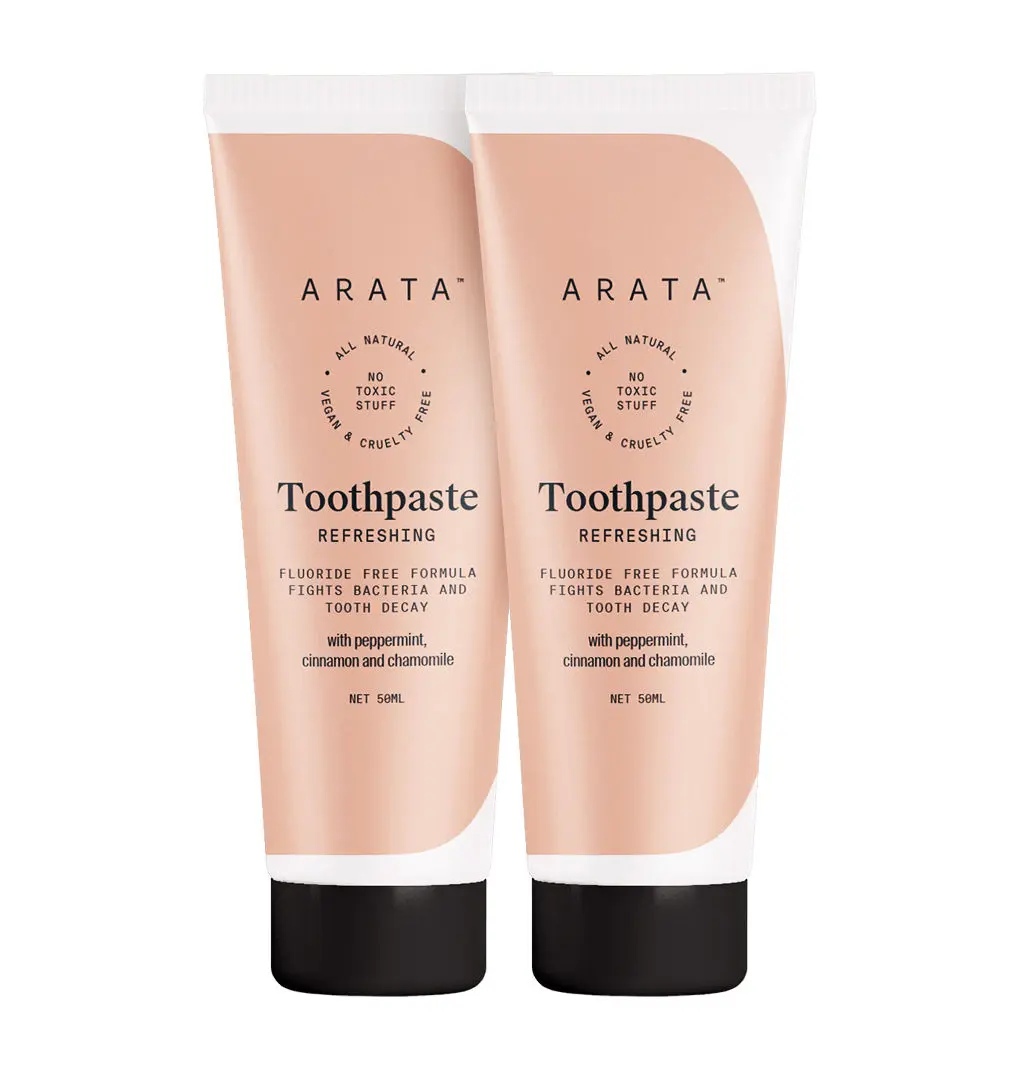 Arata Natural Refreshing Toothpaste With Peppermint, Cinnamon & Chamomile || All-Natural, Vegan & Cruelty-Free || Fluoride-Free Formula Fights Bacteria & Tooth Decay (Pack of 2) (50 ml) each