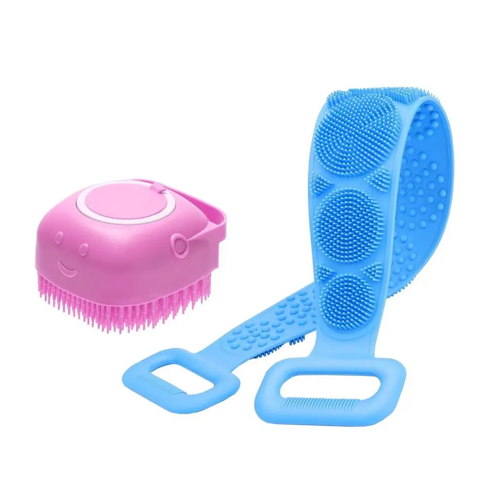Majestique Bath Silicone Shower Scrubber Brush AND Bath Scrub Belt With Handle - Easy to a Clean - Color May Vary