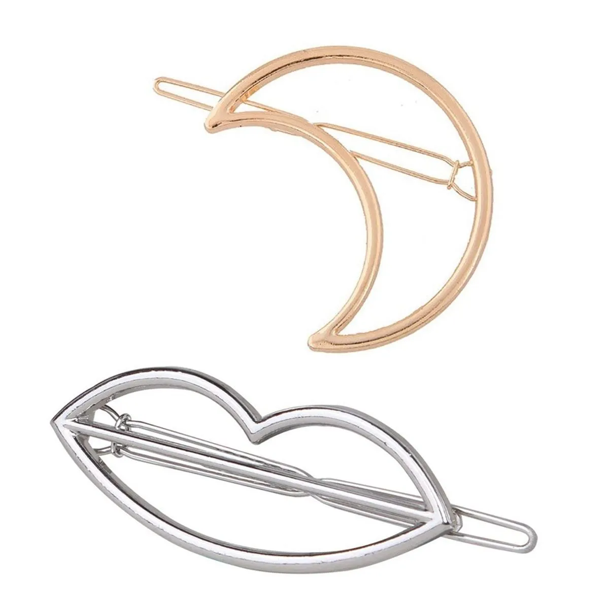 OOMPH Combo Of 2 Gold & Silver Tone Hot Lips/kiss & Half Moon Hair Clips /hair Pins / Hair Clamps