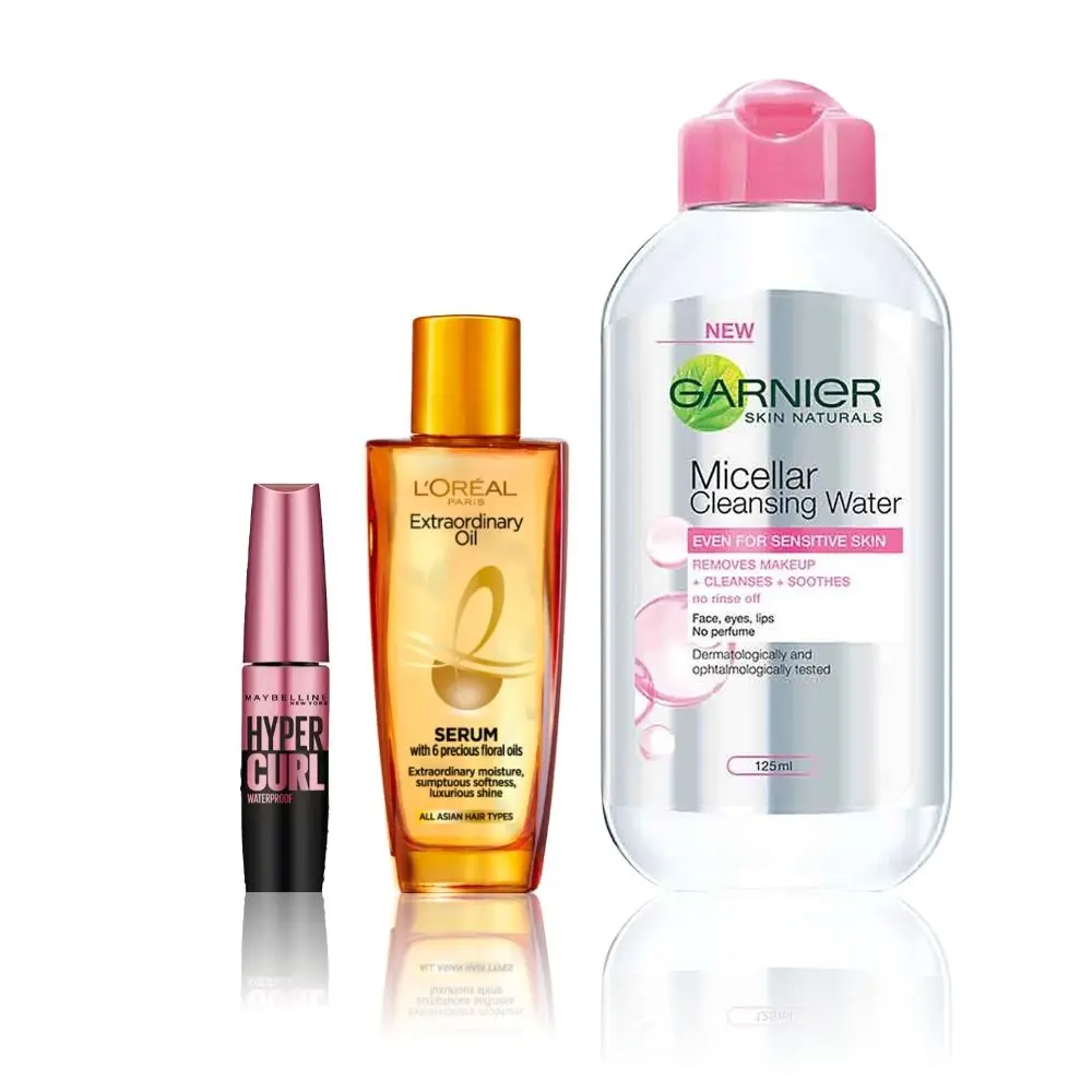 Maybelline x Garnier x L'Oreal Paris Influencer Favourite Trio (Maybelline Hypercurl Mascara - Very Black (9.2g), Garnier Micellar water (125ml), L'Oreal Paris Extraordinary Oil Serum (30ml))