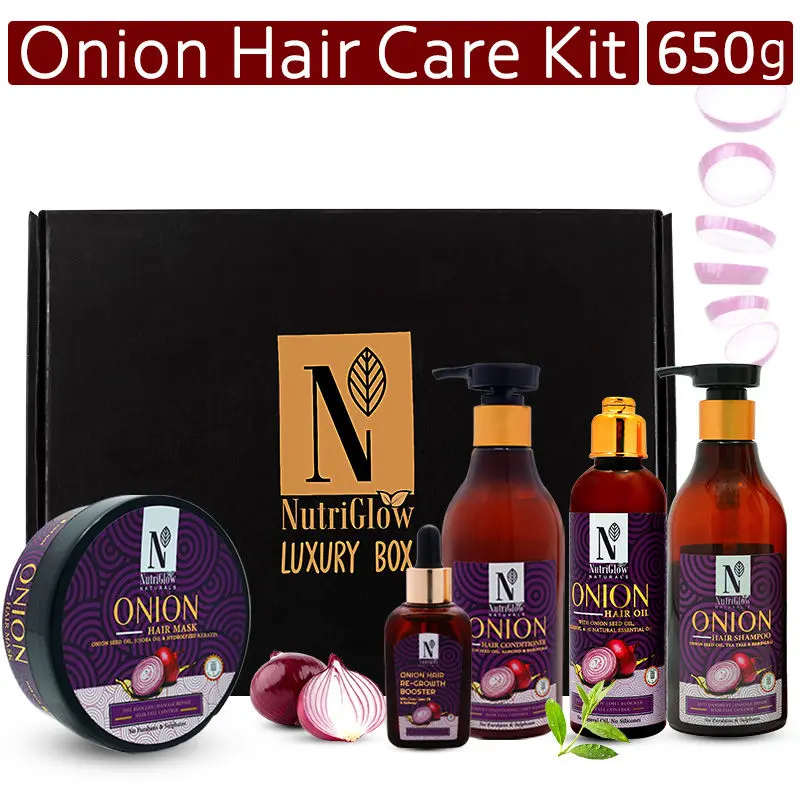 NutriGlow NATURAL'S Onion Combo of 5: Hair Shampoo (300ml)/ Hair Conditioner (300ml)/ Hair Oil (100ml)/ Hair Mask (200gm) & Hair Re-Growth Booster (50ml)