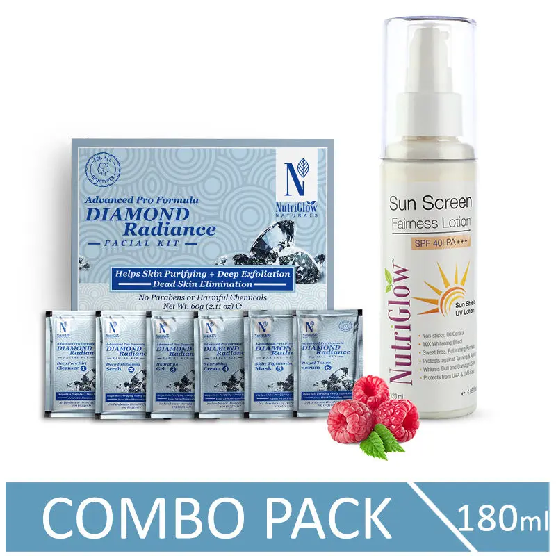 NutriGlow NATURAL'S Advanced Pro Formula Diamond Radiance Facial Kit (60 gm) & Sunscreen SPF 40 (120 ml) For Brighten Up Dull Skin