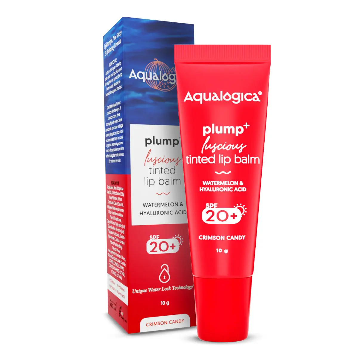 Aqualogica Crimson Candy Plump+ Luscious Tinted SPF 20+ Lip Balm with Watermelon & Hyaluronic Acid - 10g