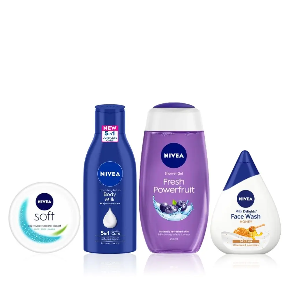 NIVEA Refresh & Revive Skin Combo 3(Powerfruit Fresh Shower Gel(250ml)+Saffron Face Wash(100ml)+Almond Oil Body Lotions(120ml)+Soft Moisturising Cream(50ml)