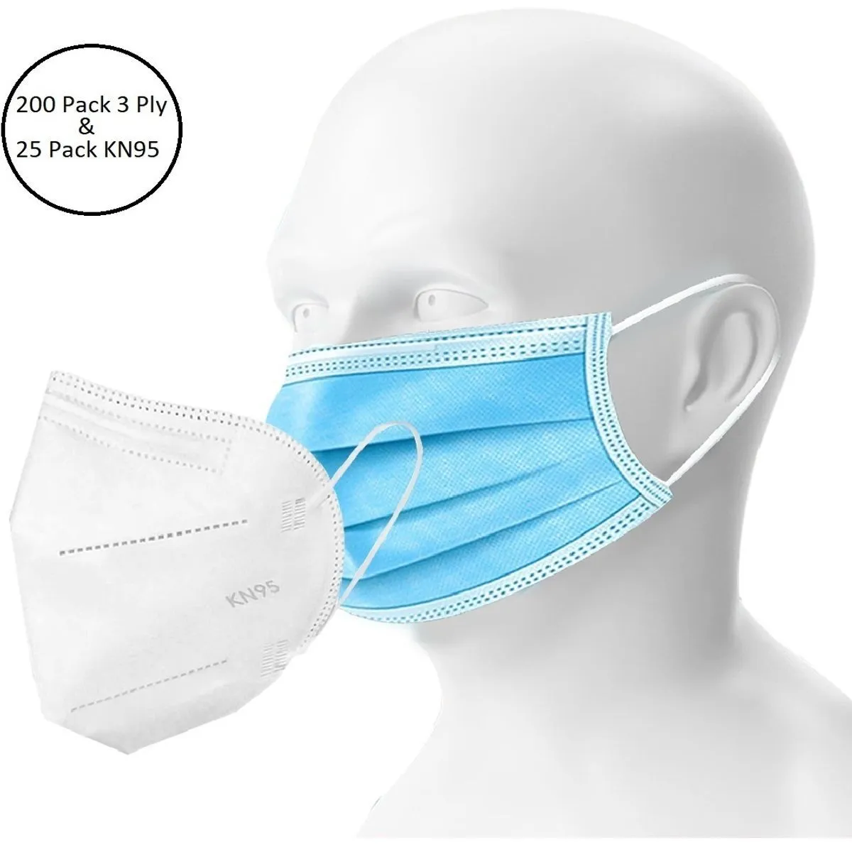 Fabula Unisex Double Mask Set Of 200 Disposable & 25 KN95 / N95 Masks (White )