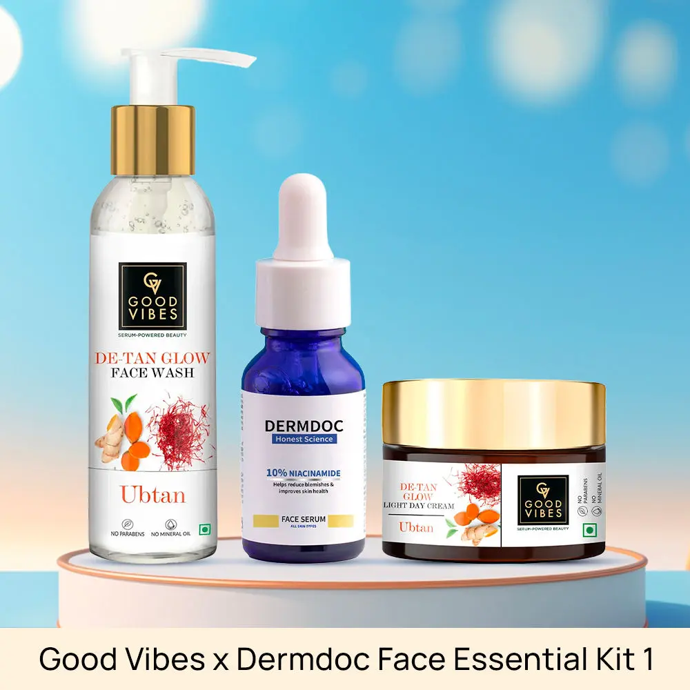 Good Vibes x Dermdoc Face Essential Kit 1 - (Good Vibes De Tan Glow Face Wash (120 ml) + DERMDOC 10% Niacinamide Face Serum (15 ml) + Good Vibes Ubtan De-tan Glow Light Day Cream (50g))