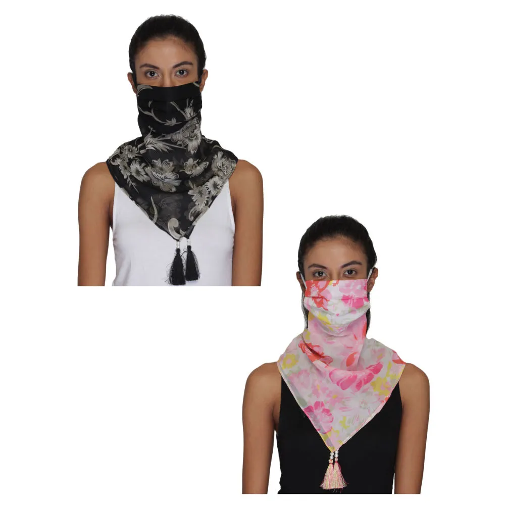 Anekaant Pack Of 2 Multicolor 3-Ply Reusable Poly Chiffon Printed Tesselled Scarf Style Fashion Mask