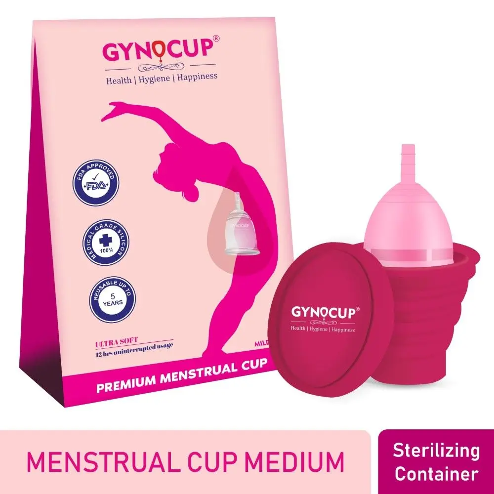 GynoCup Premium Menstrual Cup for Women |Medium Size With Pouch |Pink Color | With Menstrual Cup Sterilizer Container |(Combo)