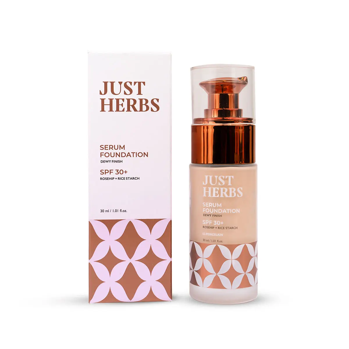 Just Herbs 12 Hours Full Coverage Serum Foundation SPF 30+ With Rosehip Oil And Rice Starch, Porcelain -30ML