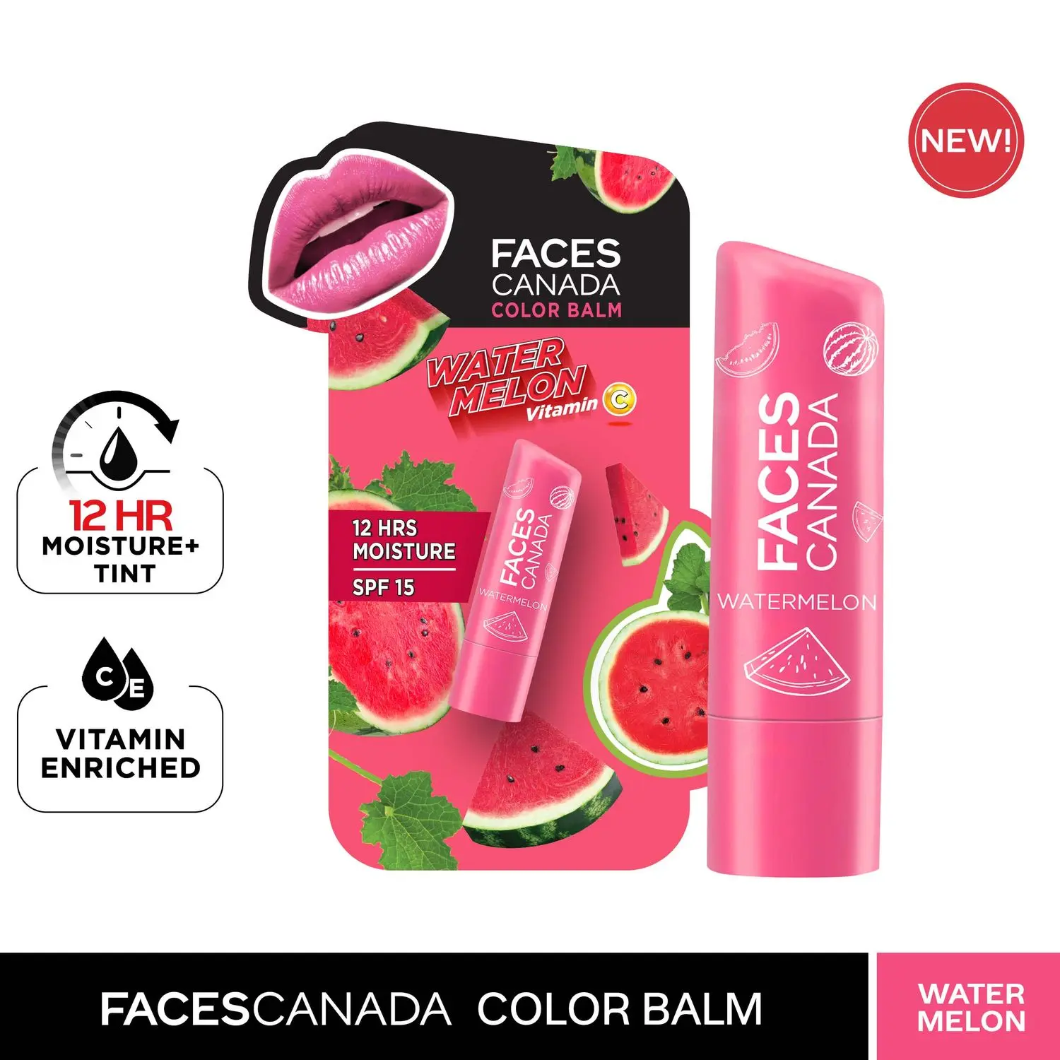 Faces Canada Color Balm | 12Hr Moisture For Dry, Chapped Lips | Vitamin C | Spf 15 | Watermelon Watermelon 02 (4.5 G)