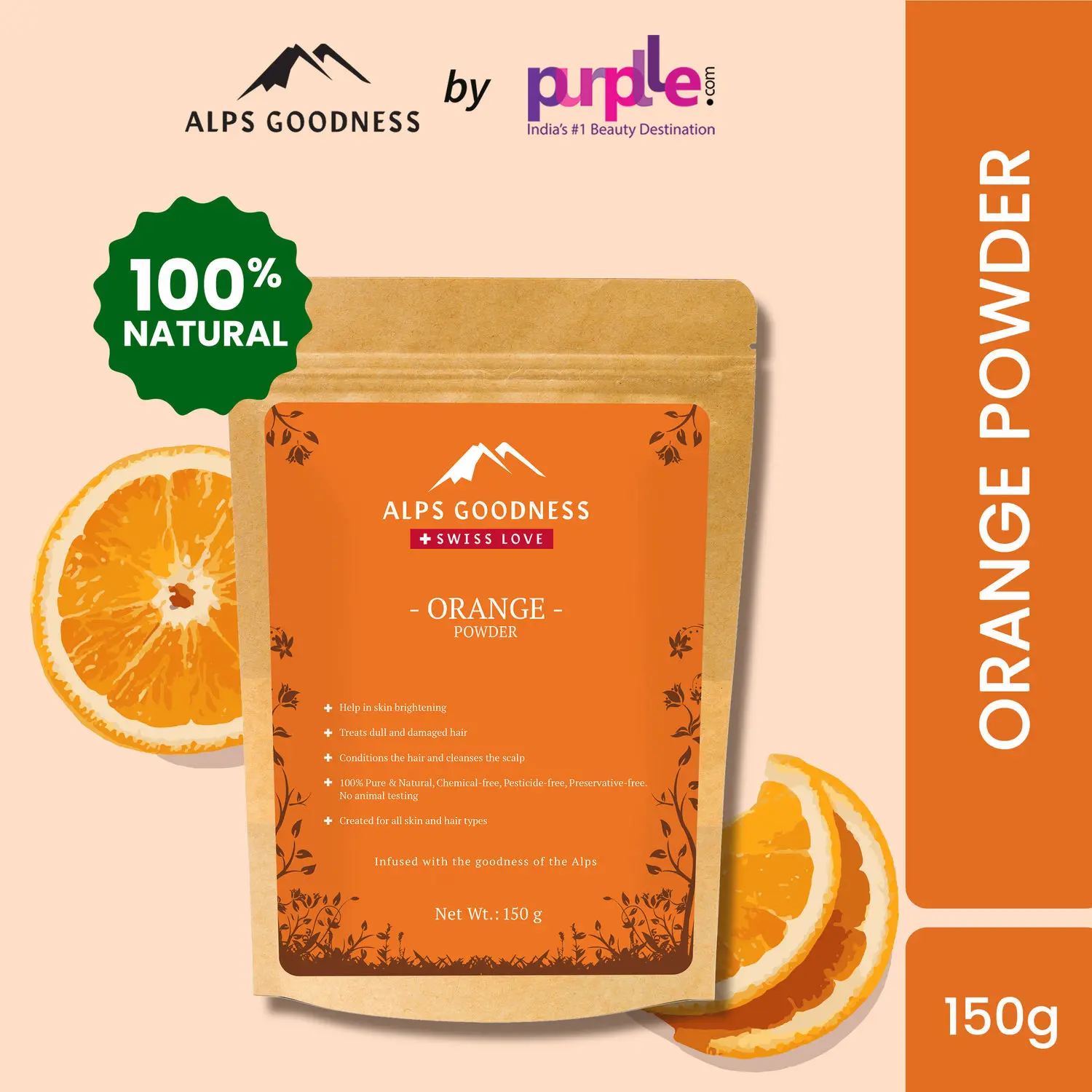 Alps Goodness Powder - Orange (150 g)| 100% Natural Powder | No Chemicals, No Preservatives, No Pesticides | Can be used for Hair Mask and Face Mask | Nourishes hair follicles| Glow Face Pack| Orange Peel Face Pack