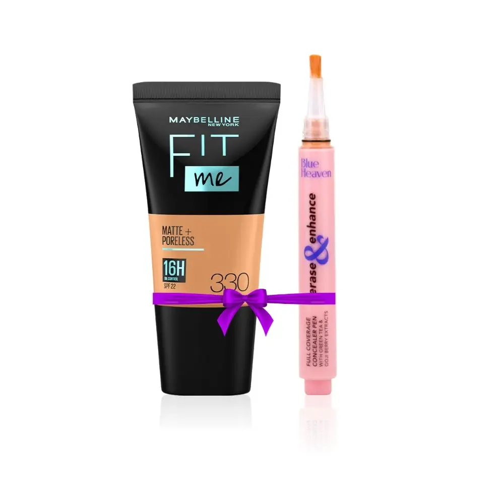 Maybelline New York Fit Me Matte+Poreless Liquid Foundation Tube - Toffee 330 (18 ml) + Blue Heaven Erase & Enhance Buildable Coverage Concealer Pen, Caramel speacial combo