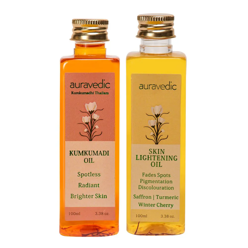 AURAVEDIC Skin Lightening Oil 100 Ml & Kumkumadi Oil, 100 Ml (Pack of 2) kumkumadi Tailam. Kumkumadi Face Oil for Glowing Skin. Saffron Oil, Turmeric for Pigmentation,Dark Spots,Skin Whitening, Brightening for Women / Men