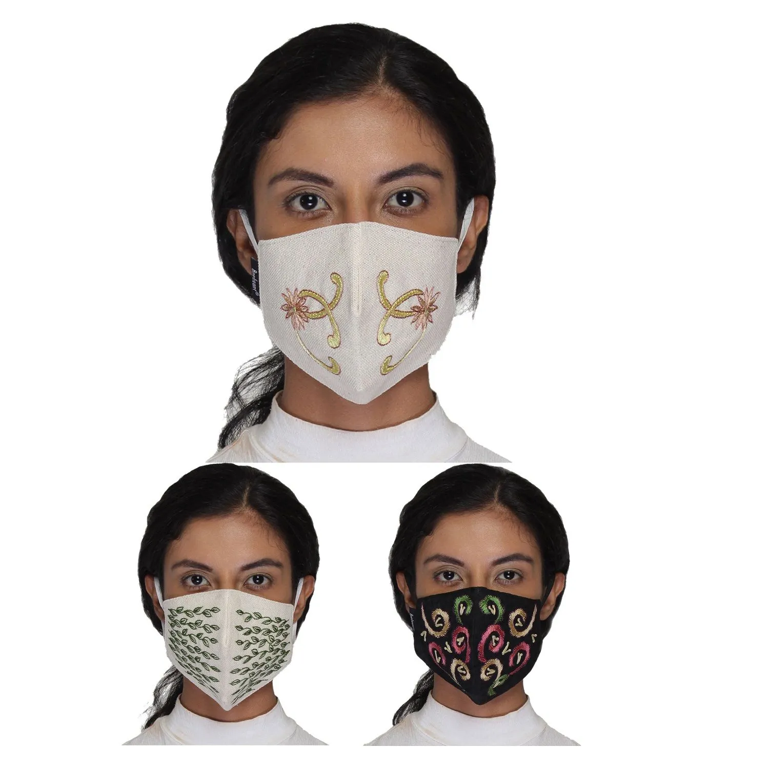 Anekaant Multicolor Reusable 3-Ply Cotton Embroidered Fabric Fashion Mask (Pack Of 3)