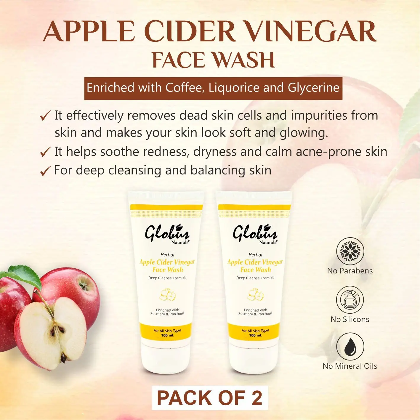 Globus Naturals Apple Cider Vinegar Face Wash 100 Ml (Pack Of 2)