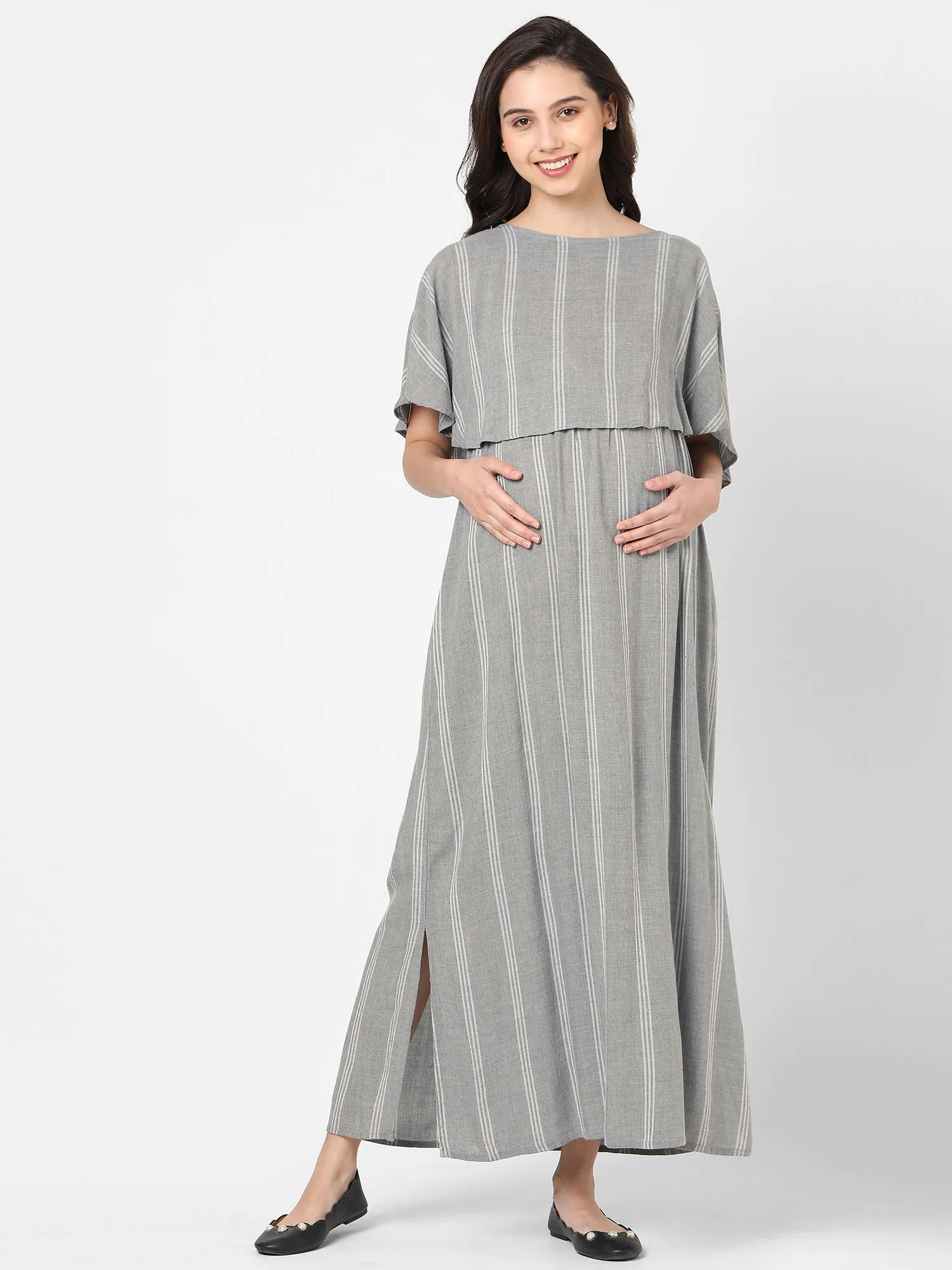 Mystere Paris Casual Printed Maternity Dress Grey (L)