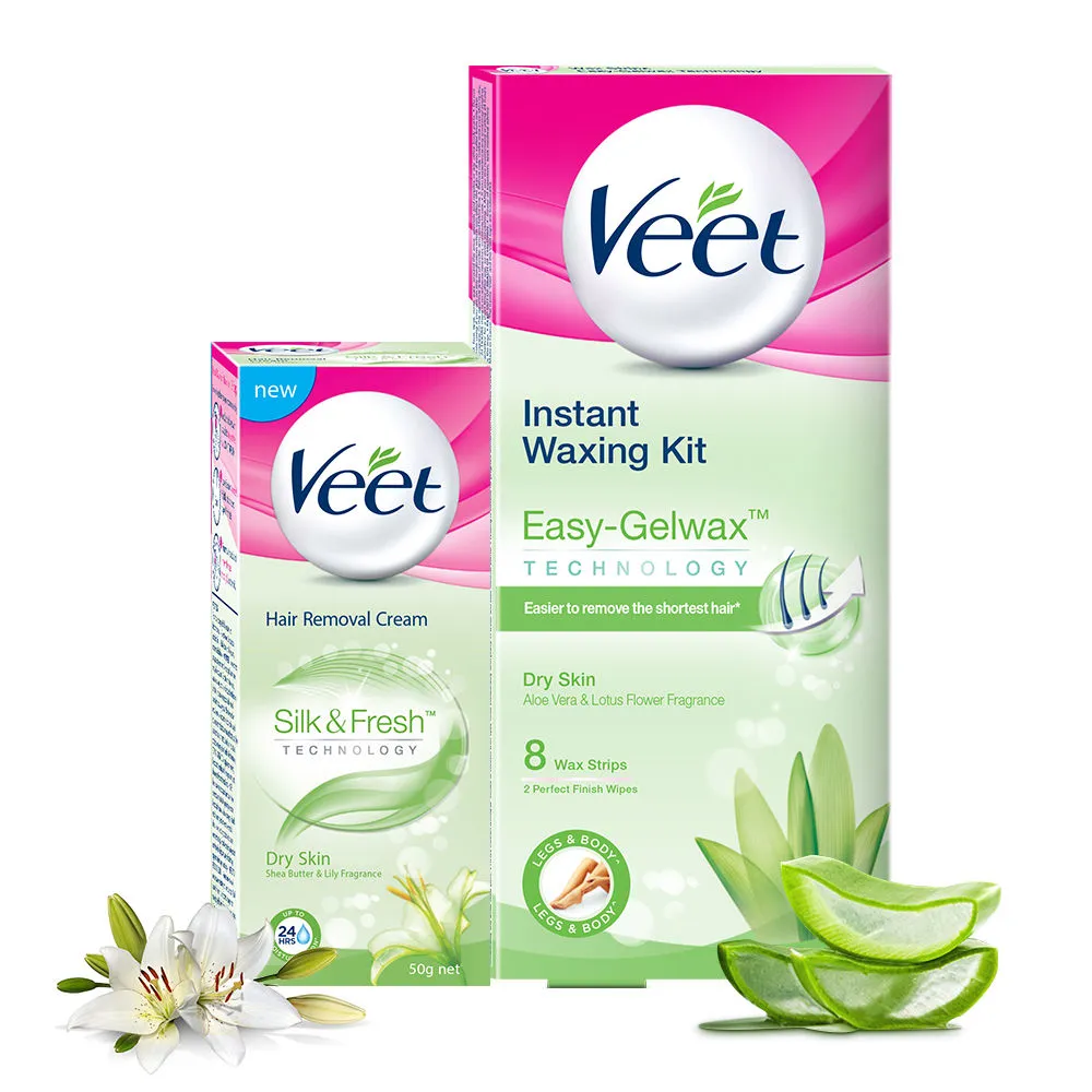 Veet Silk & Fresh Hair Removal Cream, Dry Skin - 50 g with Easy-Gelwax Technology Instant Waxing Kit, Dry Skin - 8 strips