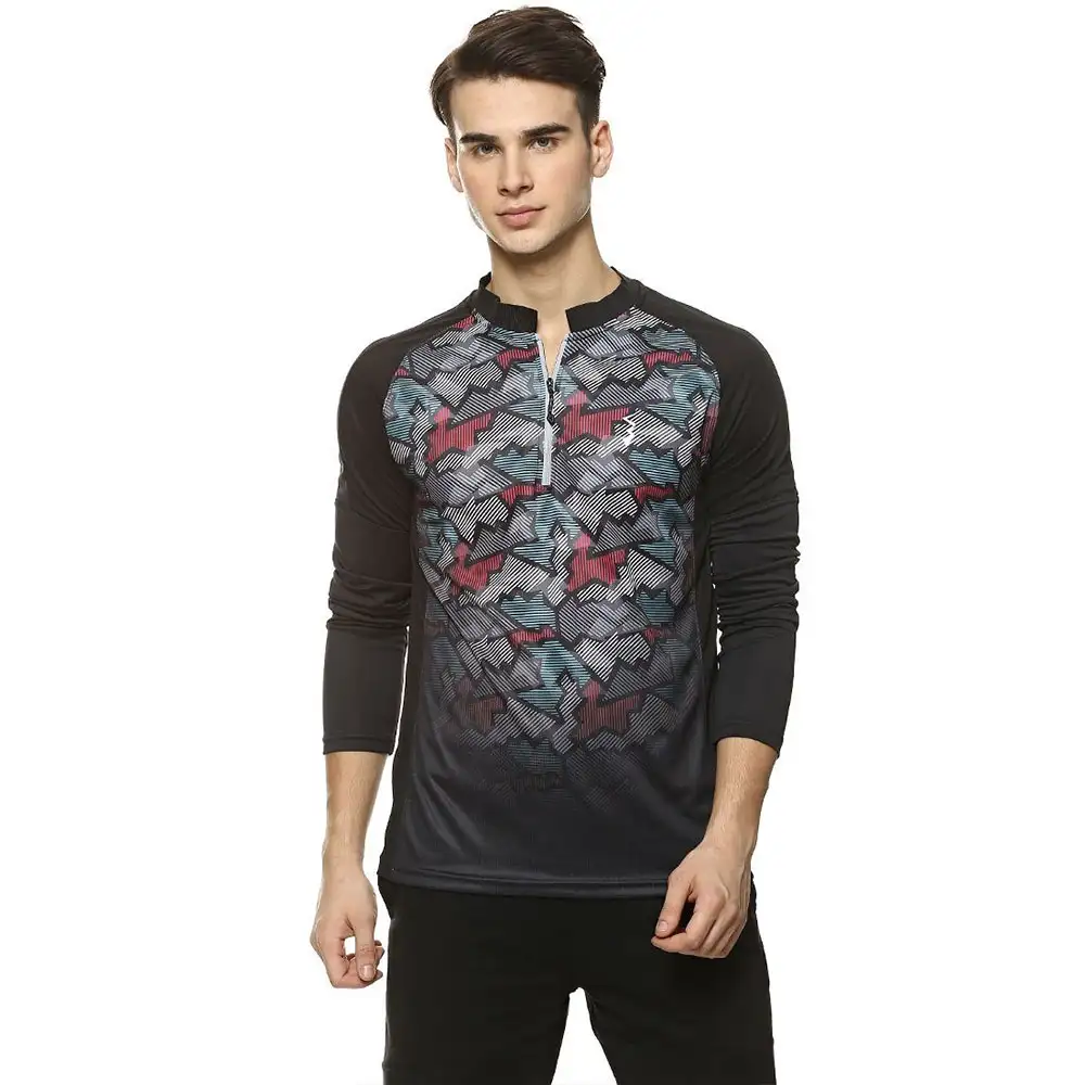 Campus Sutra Graphic Print Men Mandarin Collar T Shirt,  Black  Large