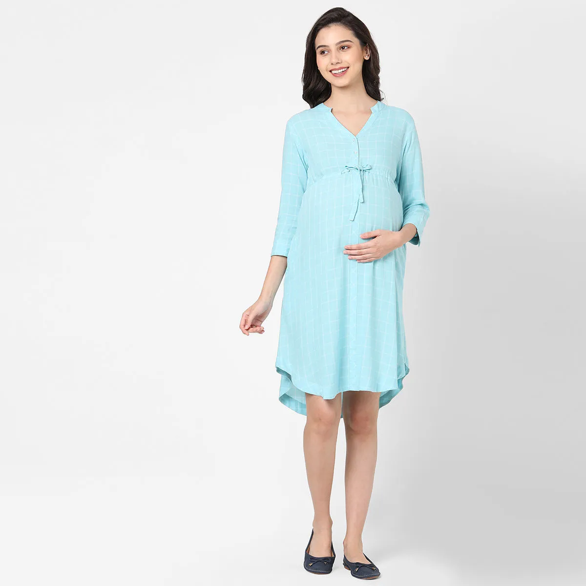 Mystere Paris Mint Checked Maternity Dress - Blue (L)