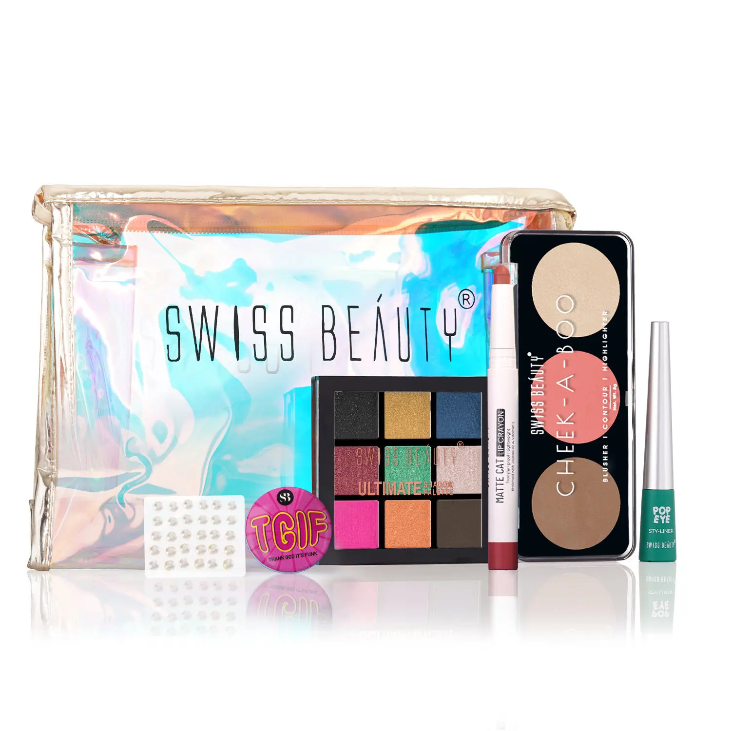 Swiss Beauty Funk It Up Look Kit|Matte Cat Lip Crayon 07| Ultimate Eyeshadow Pallete 08|Cheek -A-Boo Pallete 02| Pop Sty Eyeliner Green With Rainbow Pouch & Free Stickons & Badge 18.5 gm