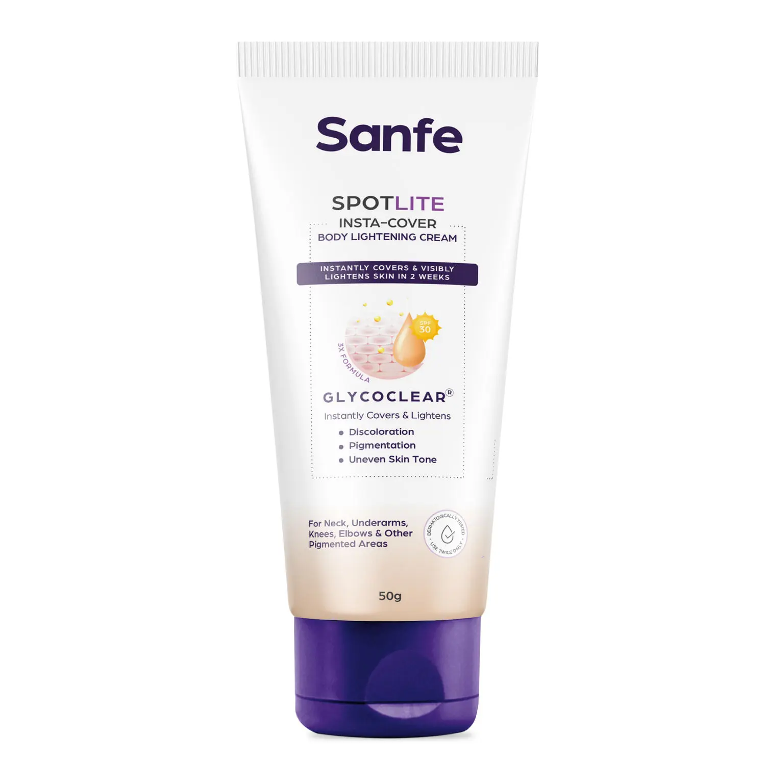 Sanfe Spotlite Insta-Cover Body Lightening Cream For Dark Underarms, Neck & Joints | Enriched With Glycolic Acid & SPF 30 Lightens The Skin In 2 Weeks 50 gm