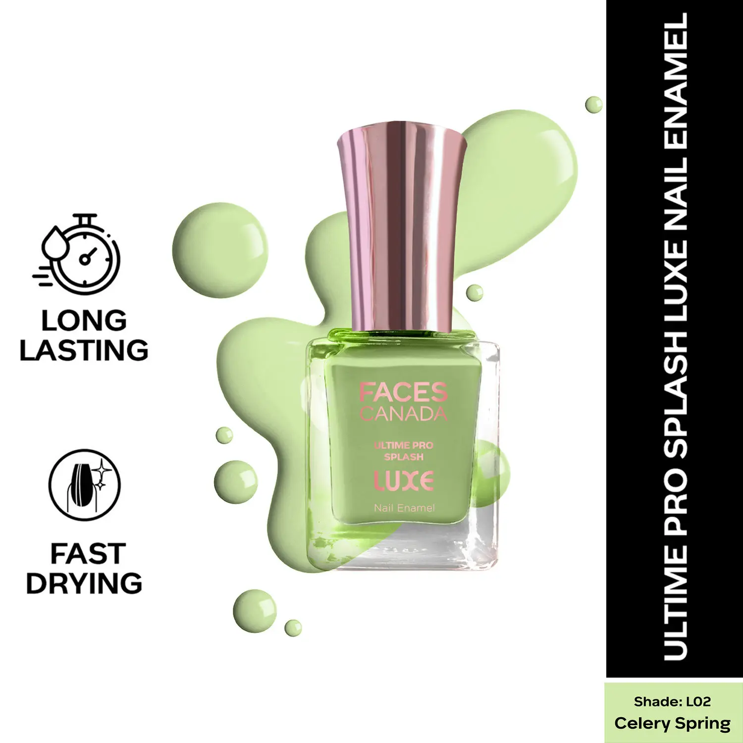 FACESCANADA Ultime Pro Splash Luxe Nail Enamel I Quick-drying I Long lasting I Even-Finish I Vegan I Cruelty-free I Non-Toxic I Ethanol-free I Celery Spring(L02)12ml