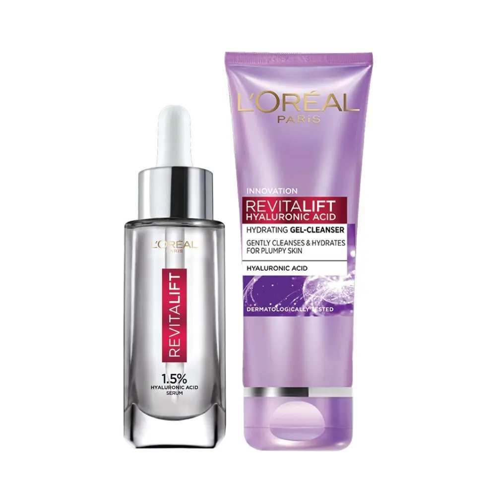 L'Oreal Paris Revitalift Hyaluronic Acid Skincare Routine: Hyaluronic Acid Serum, 15ml + Hyaluronic Acid Hydrating Gel Cleanser, 50ml +A Hyaluronic Acid plumping cream day 15 ml,A HydratedA Skin Combo