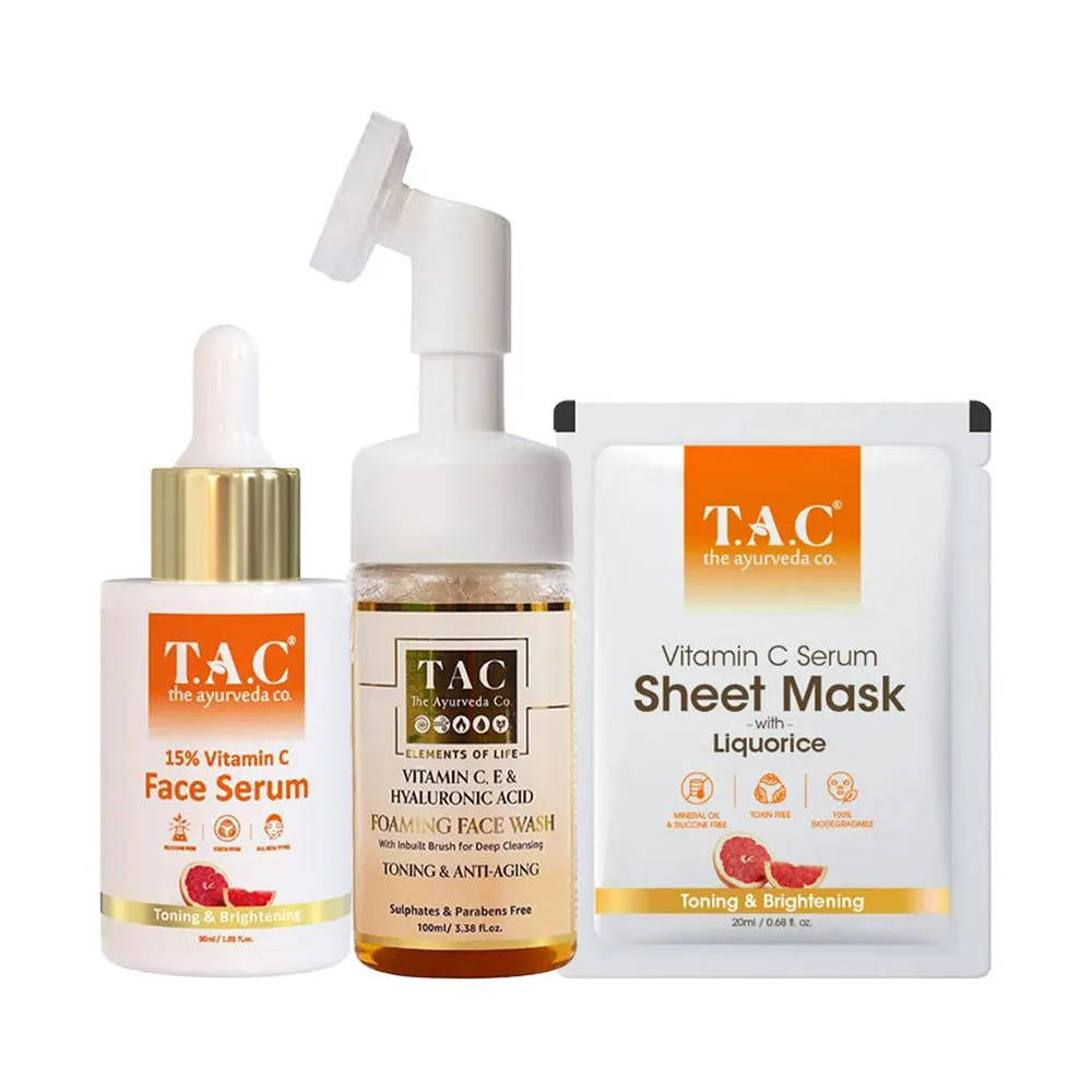 TAC - The Ayurveda Co. 15% Vitamin C Face Serum, Sheet Mask & Foaming Face Wash - Pack Of 3