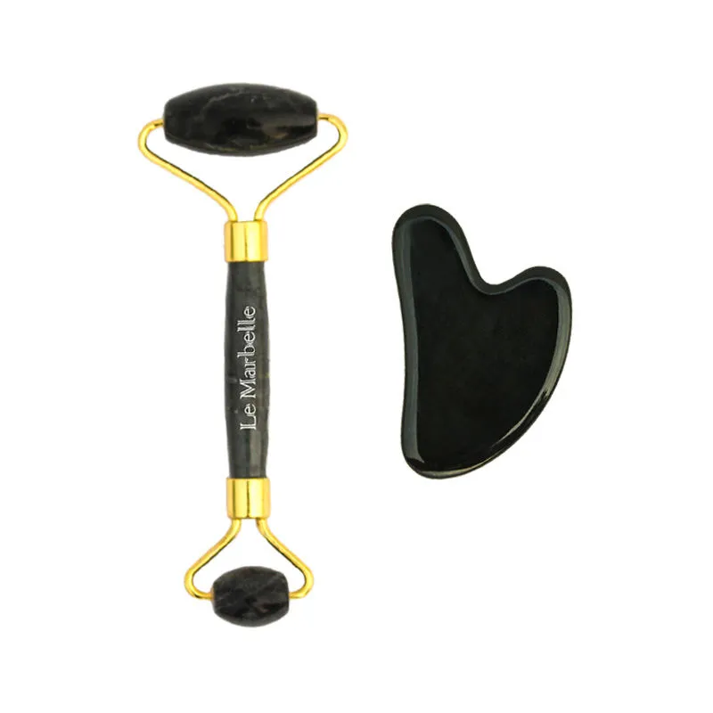 Le Marbelle Black Obsidian Roller & Gua Sha Massager Combo For Face, Neck, Dark Circles & Under Eye