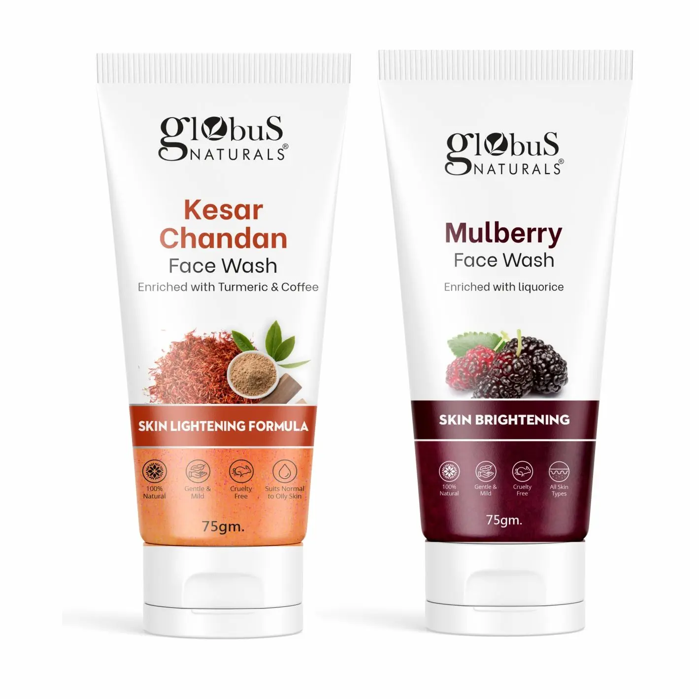 Globus Naturals  Mulberry Face Wash & Kesar Chandan Face Wash Combo ,Set Of 2, 75 gm