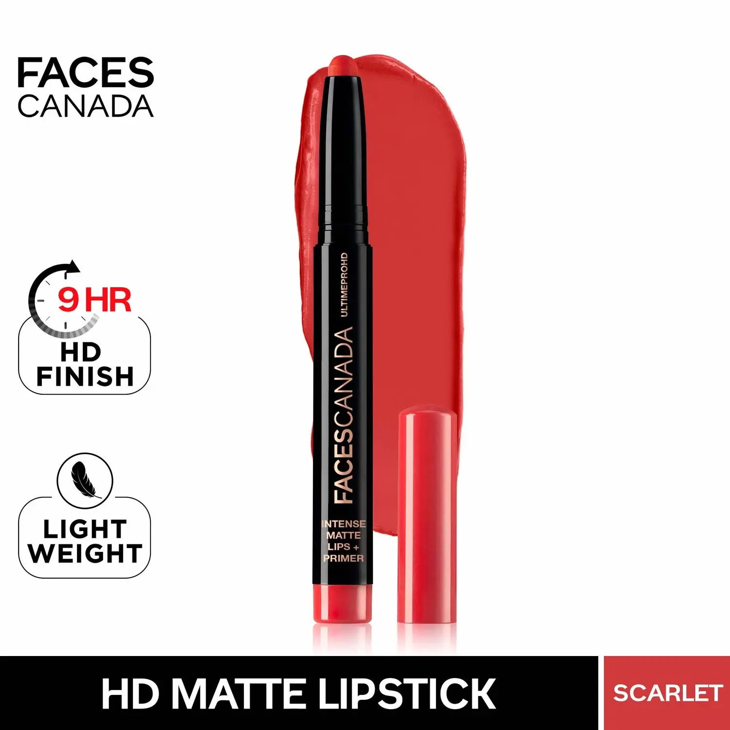 Faces Canada HD Intense Matte Lipstick | Feather light comfort | 10 hrs stay| Primer infused | Flawless HD finish | Made in Germany | Scarlet 1.4g