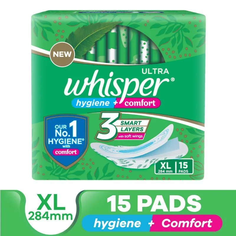 Whisper Ultra Clean Thin XL Sanitary Pads-Hygiene & Comfort, Soft Wings & Dry Top Sheet, 15 Pads