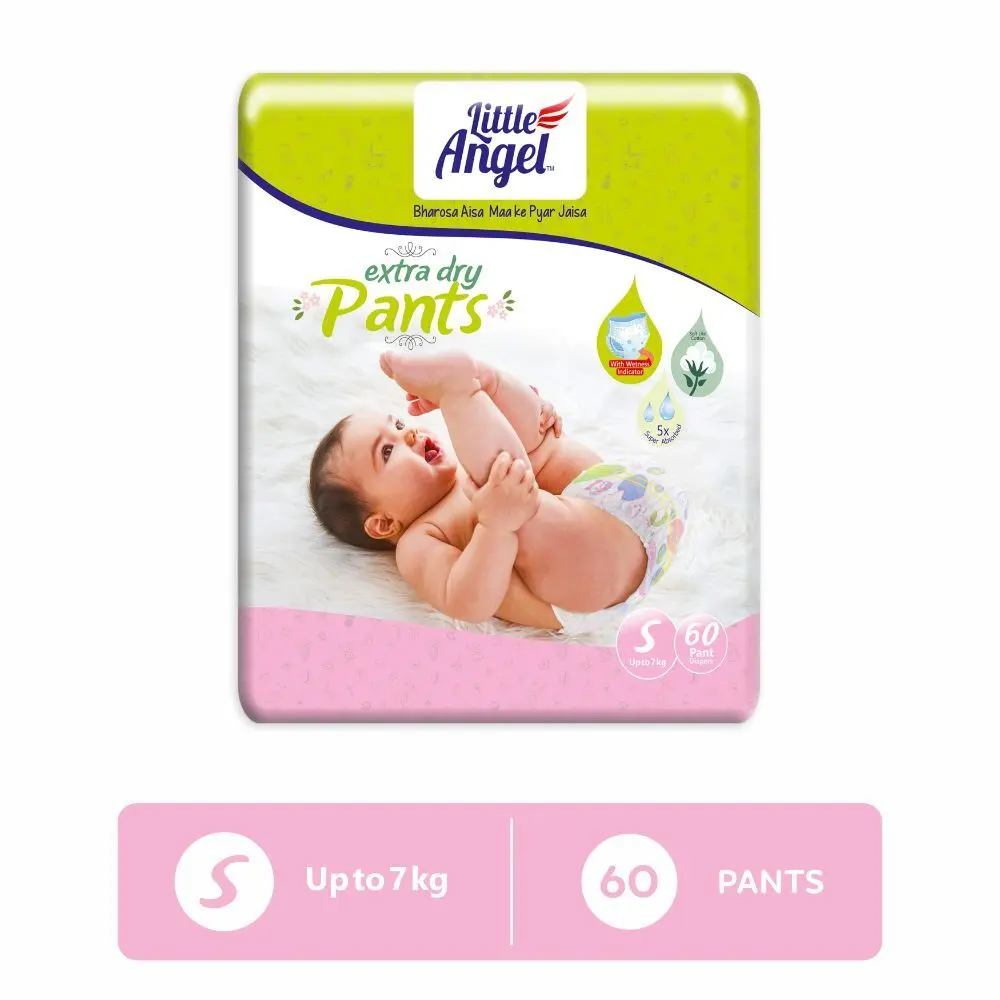 Little Angel Extra Dry Baby Pants Diaper, Small (S) Size, 60 Count, Super Absorbent Core Up to 12 Hrs. Protection, Soft Elastic Waist Grip & Wetness Indicator, Pack of 1, Upto 7kg