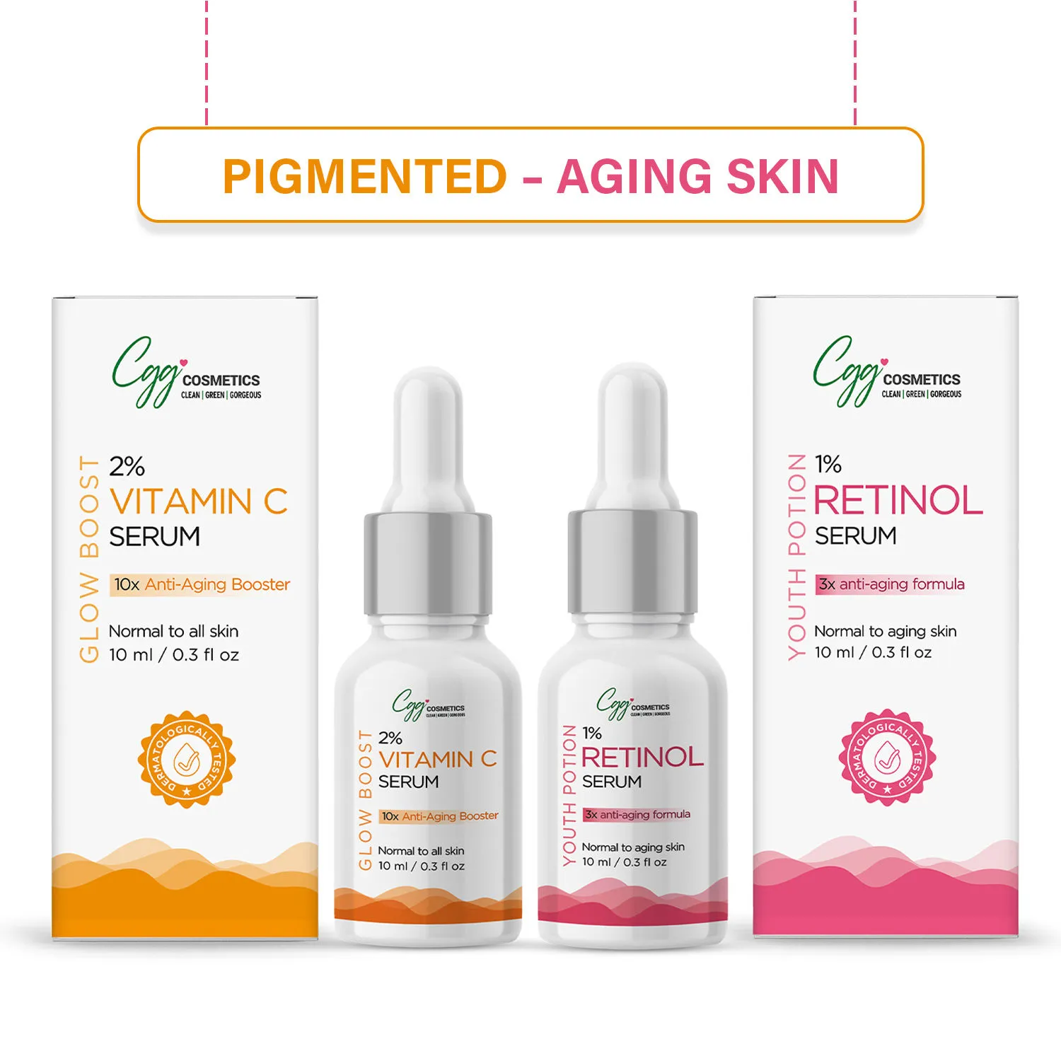 CGG Cosmetics AM/PM Anti-Aging Combo - 2% Vitamin C & 1% Retinol face Serum New