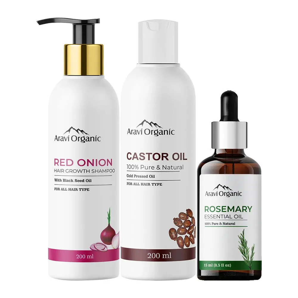 Aravi Organic Cold Pressed Castor Carrier Oil, Onion Hair Shampoo & Rosemary Essential Oil Combo