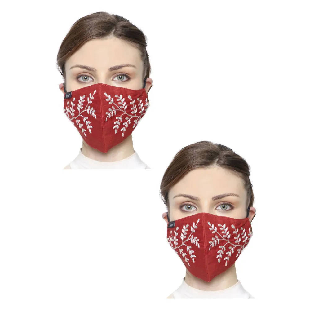 Anekaant Pack Of 2 Red & White 3-Ply Cotton Leaf Embroidered Fabric Fashion Mask