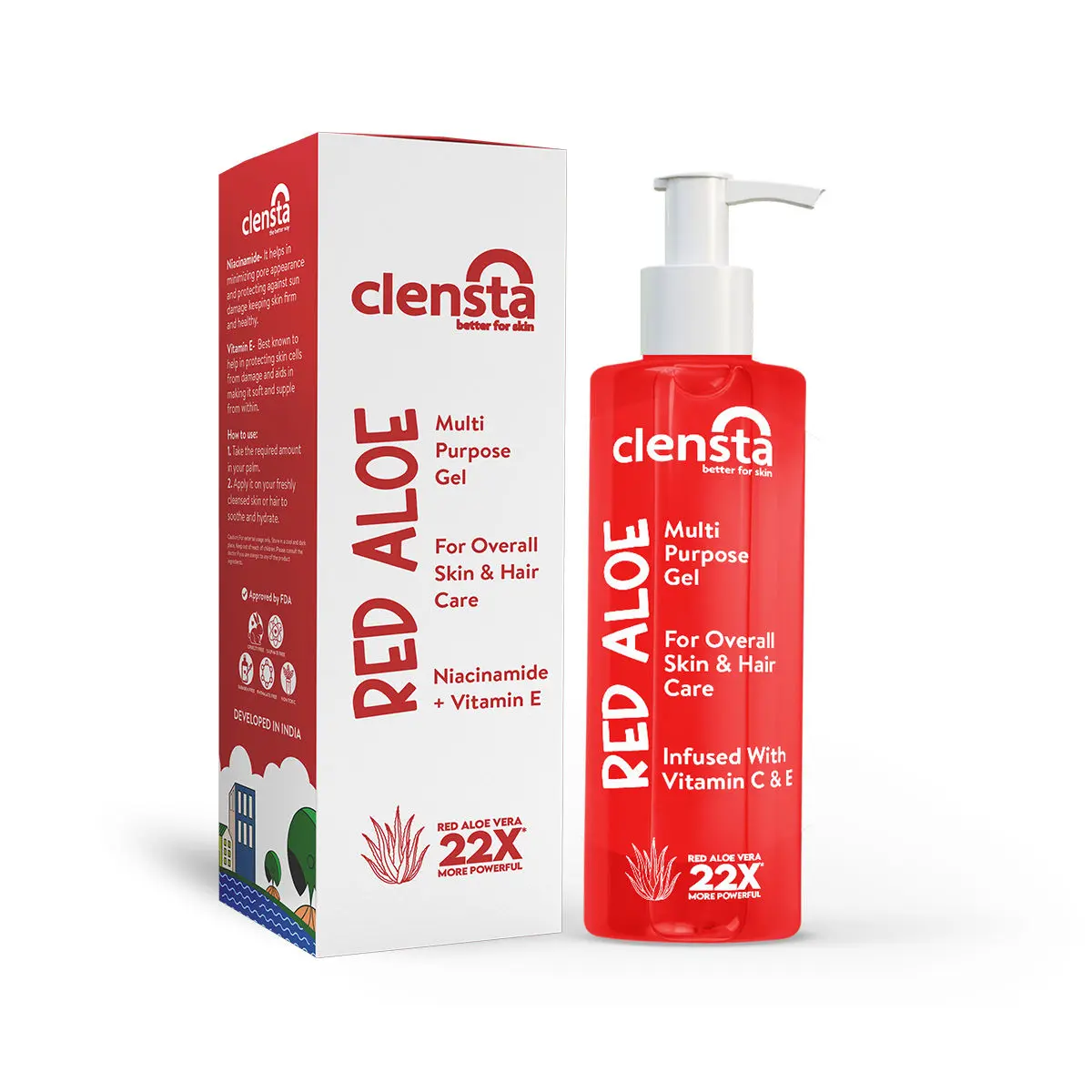 Clensta Red Aloe Vera Multi-Purpose Gel| 200ml| Red Aloe Vera, Vitamin C, and Vitamin E| For Skin and Hair Nourishment and Conditioning| Daily Purpose Gel| For All Men and Women