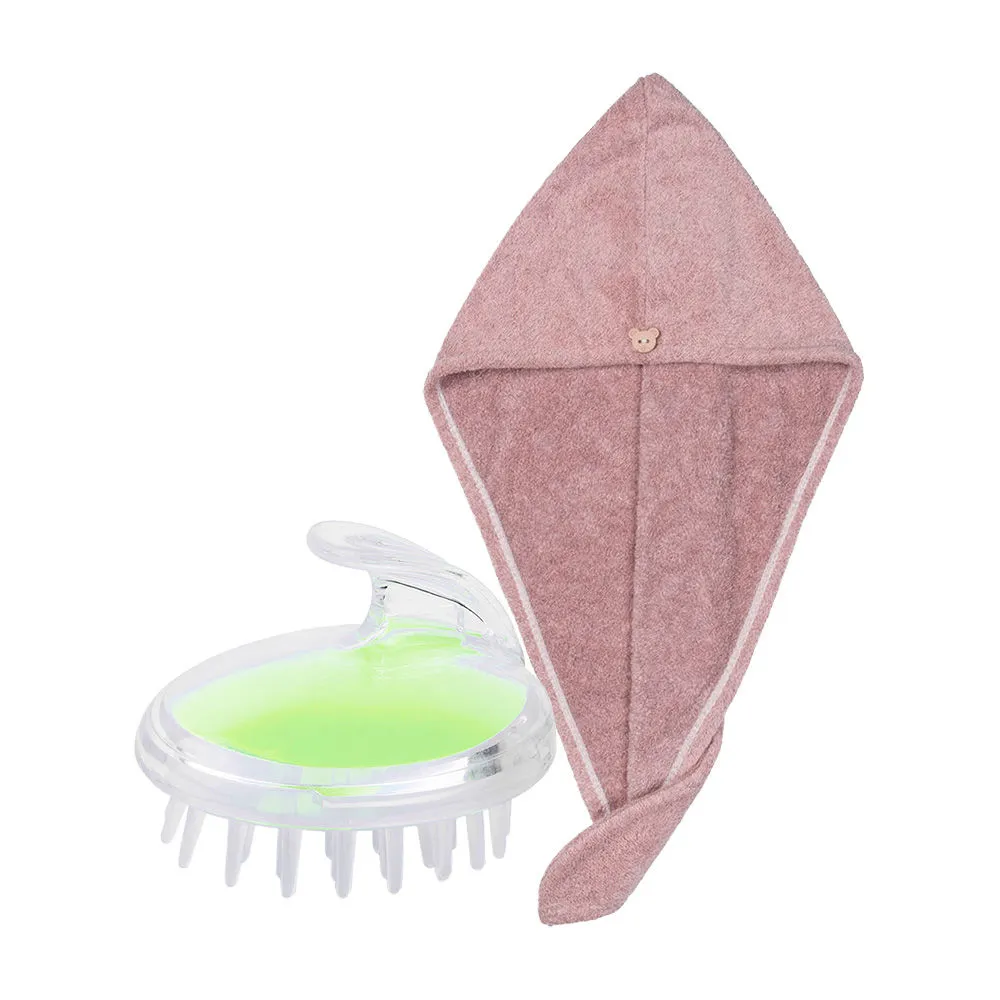 Streak Street Microfiber Hair Towel- English Rose + Lime And Lemony Green Massager & Shampoo Brush