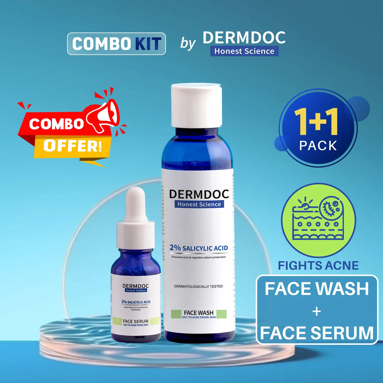 DERMDOC Combo Kit Goodbye Acne Combo | salicylic acid serum | salicylic acid face wash | face wash for oily skin | pimples | acne | clogged pores | blackheads & whiteheads | super saver pack