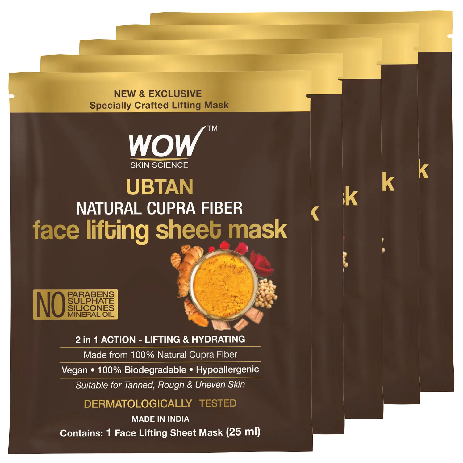 WOW Skin Science Ubtan Natural Fiber Cupra Face Lifting Sheet Mask - For Tan Removal & Anti-Aging - 25 Ml - Pack of 5