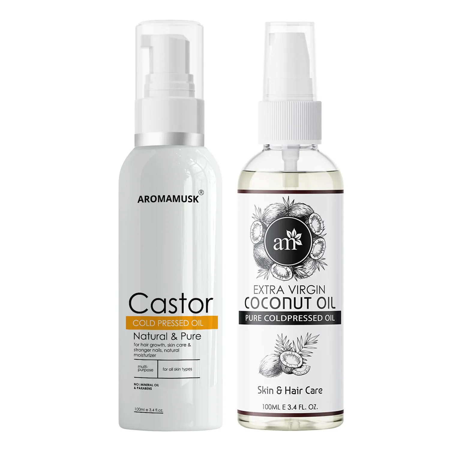 AromaMusk Organic 100% Pure Cold Pressed Castor & Extra Virgin Coconut Oil