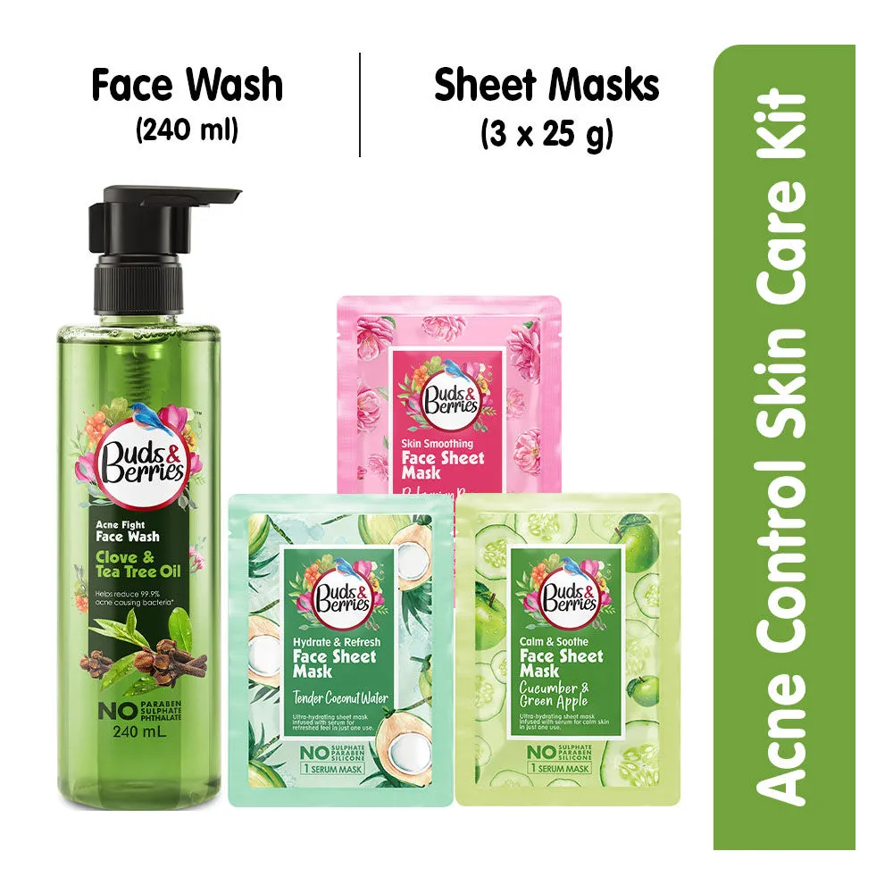 Buds & Berries Daily Skin Care Routine Clove and Tea Tree Oil Face Wash + Face Sheet Masks