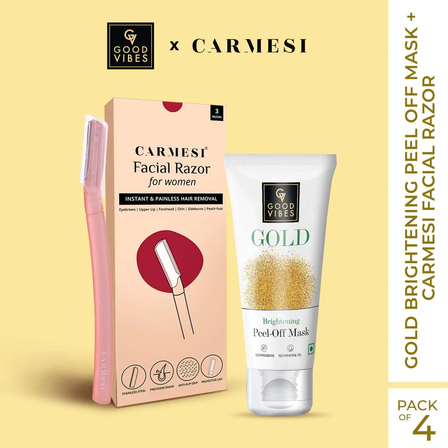 Good Vibes Gold Brightening Peel Off Mask + Carmesi Facial Razor for Women - For Instant & Painless Hair Removal Combo