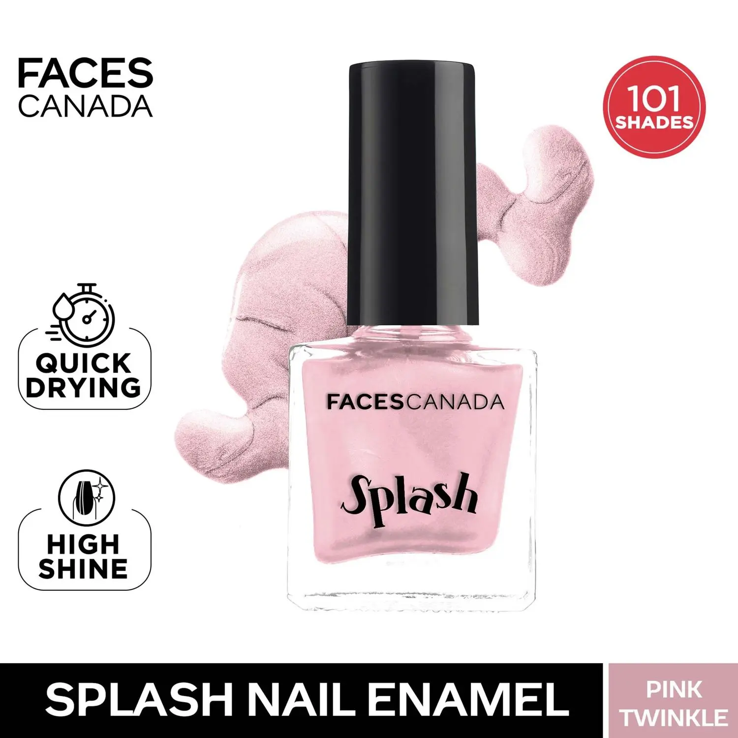 Faces Canada Splash Nail Enamel | Fast Dry | High Shine | Long Lasting | No Chip Formula | No Harmful Chemicals | Shade - Pink Twinkle 8ml