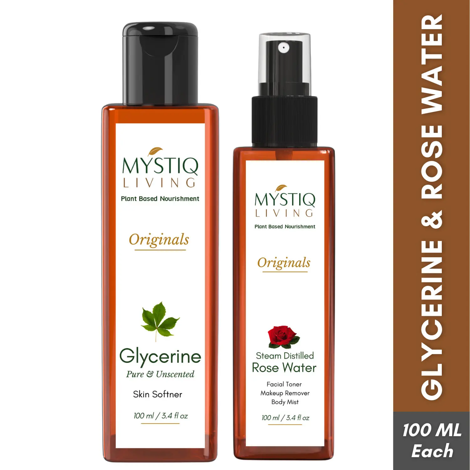 Mystiq Living Glycerine and Rose Water Spray Combo (Pack of 2) - 100 ML Each, For Skin and Body Care, Gulab Jal, Rose Water Toner Spray, Gulabari, Skin Toner, Glycerine For Face, Pure Glycerine, Vegetable Glycerine, Liquid Glycerine