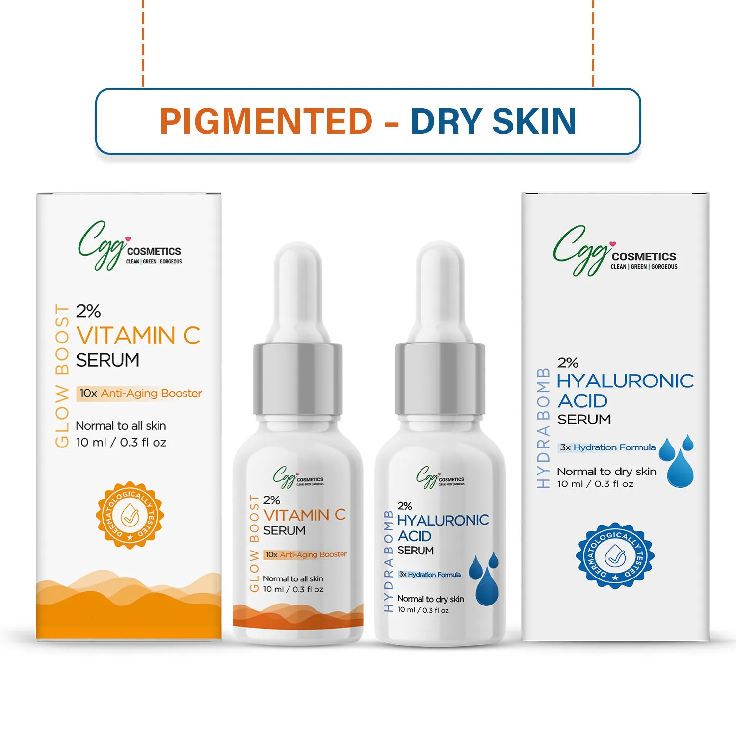 CGG Cosmetics AM/PM For Pigmentation-Dull Skin Combo - 2% Vitamin C & 2% Hyaluronic Acid Face Serum