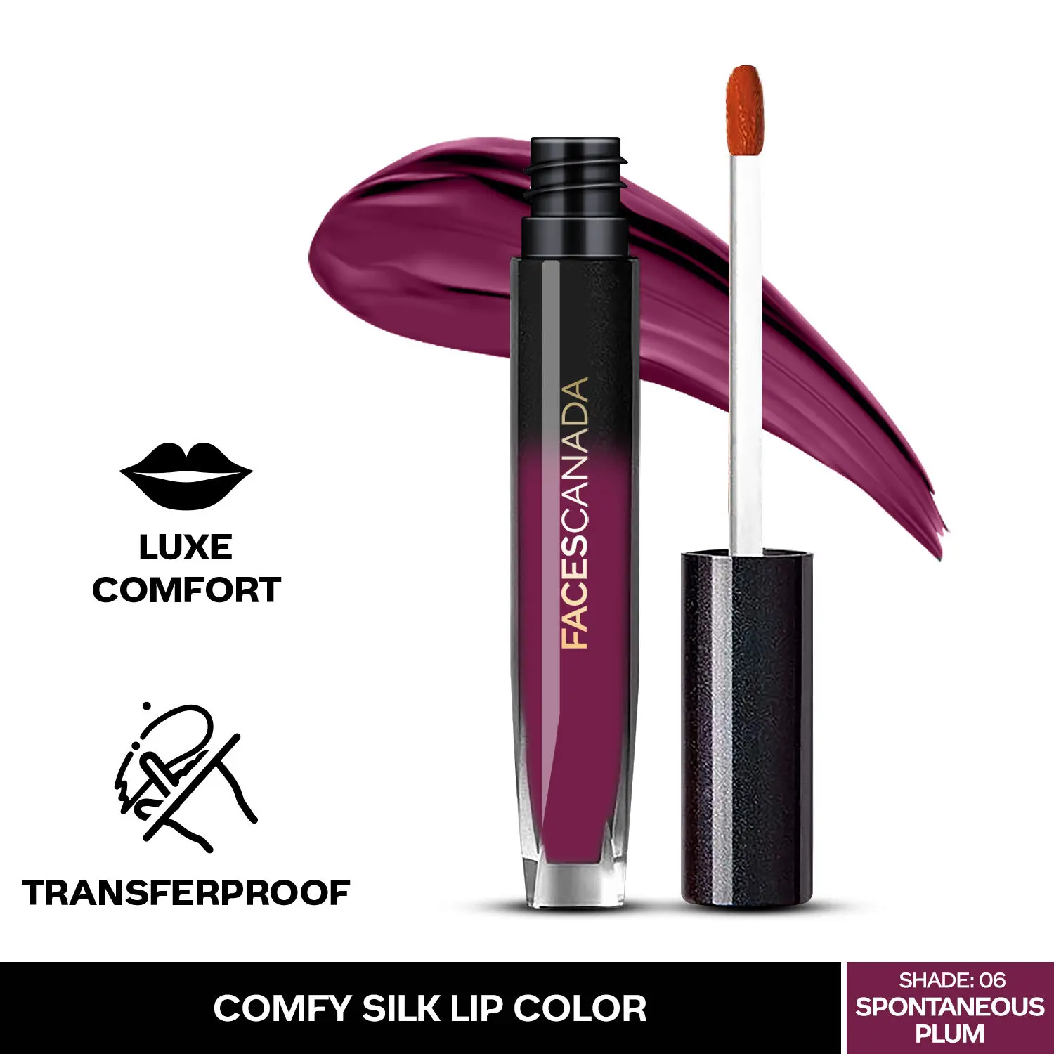 Faces Canada Comfy Silk Lip Color I Satin Matte HD Finish Liquid Lipstick I Mulberry Oil I Luxe Comfort I Longlasting I No Dryness | Alcohol, Paraben & Cruelty Free - Spontaneous Plum 06 | 3 ml