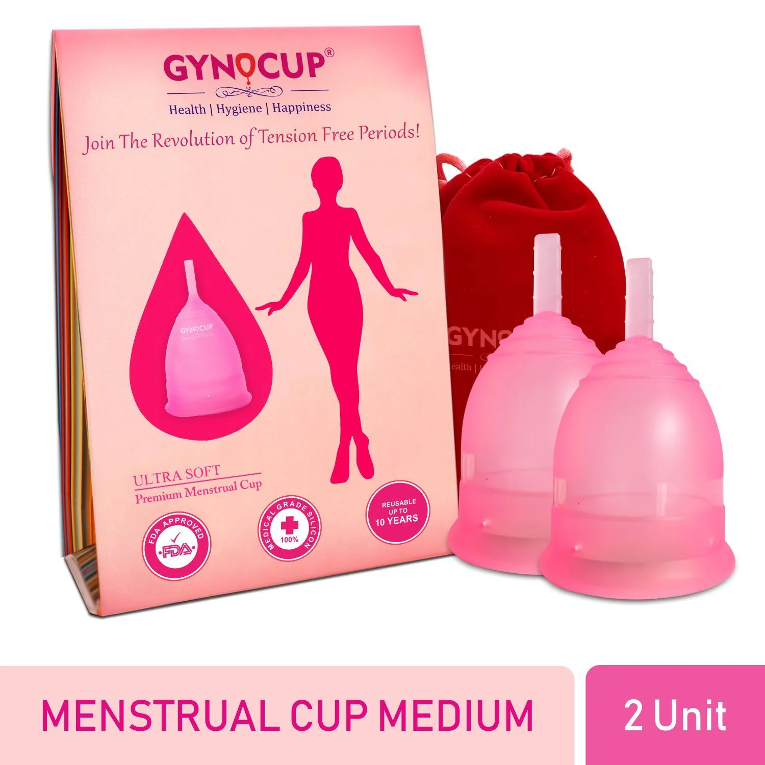 Gynocup Reusable Menstrual Cup For Women Safe, Easy-to-use & Comfortable (Pack Of 2 ) (Medium)